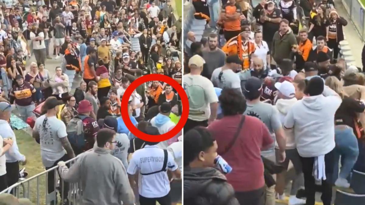Horrific footage captures violent crowd melee at NRL match between Wests Tigers and Brisbane